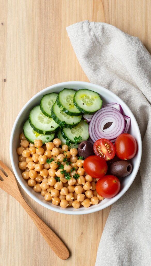 Mediterranean chickpea and cucumber bowl with cherry tomatoes, olives, and red onion on a wooden table