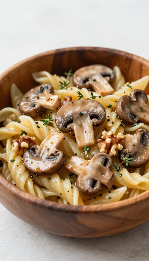 Mushroom and Thyme Pasta Salad with Walnuts in a wooden bowl