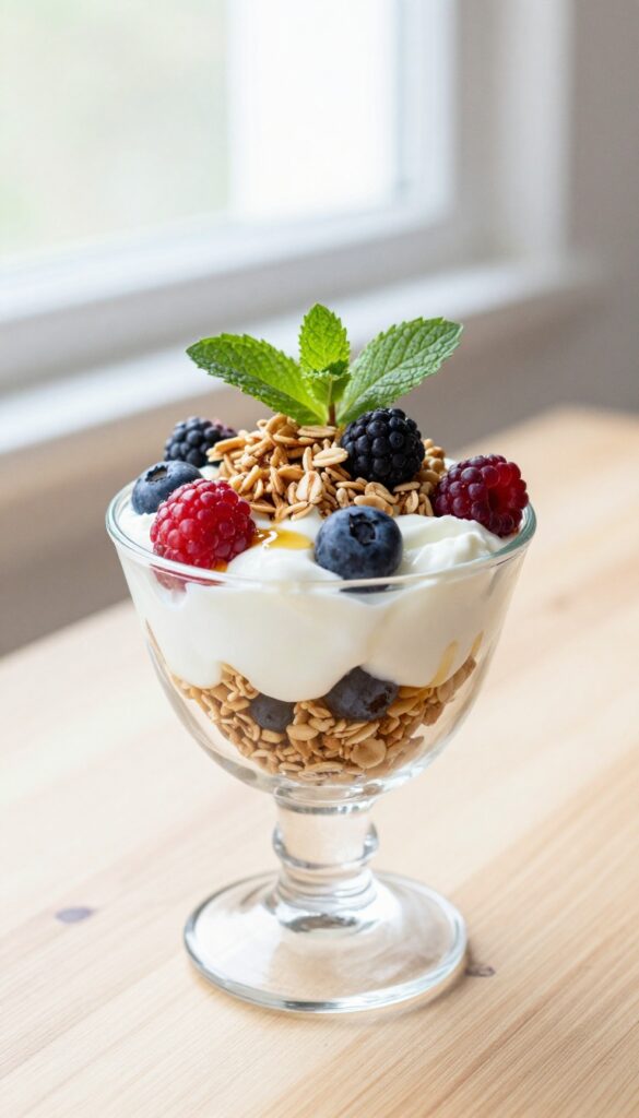 Greek yogurt berry parfait in a glass with layers of yogurt, berries, and granola on a wooden table.