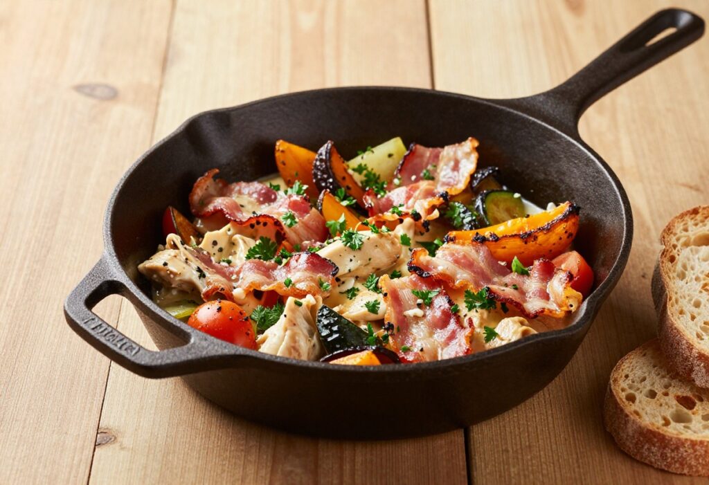 Creamy bacon garlic chicken skillet with crispy bacon and fresh herbs on a wooden table.