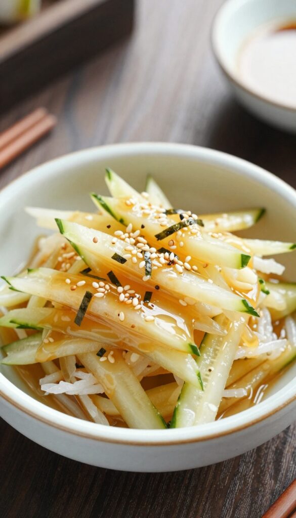 Japanese sunomono cucumber salad in a ceramic bowl with sesame seeds and nori