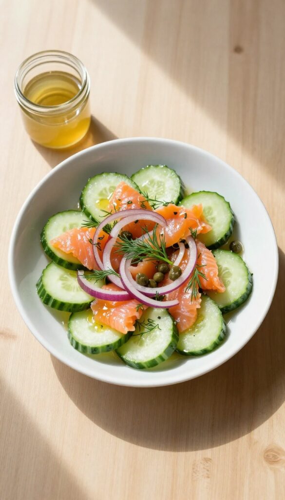 Smoked salmon cucumber salad with Dijon dressing in a white bowl on a wooden table.