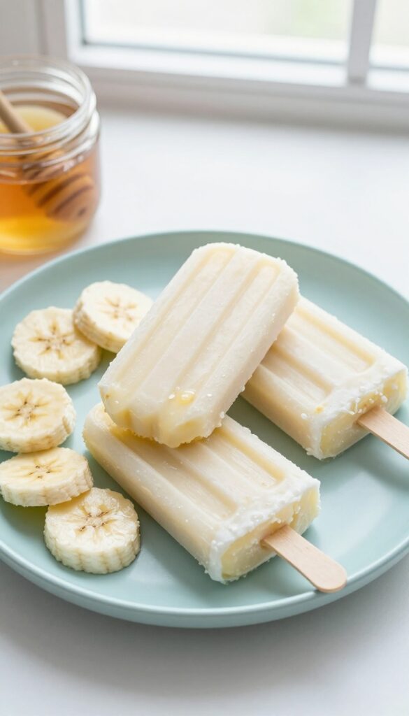 Three banana popsicles on a plate with banana slices and honey jar