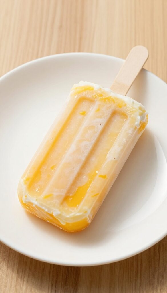 A homemade coconut milk mango popsicle on a white plate, showcasing its creamy texture and natural ingredients in bright, clean lighting.