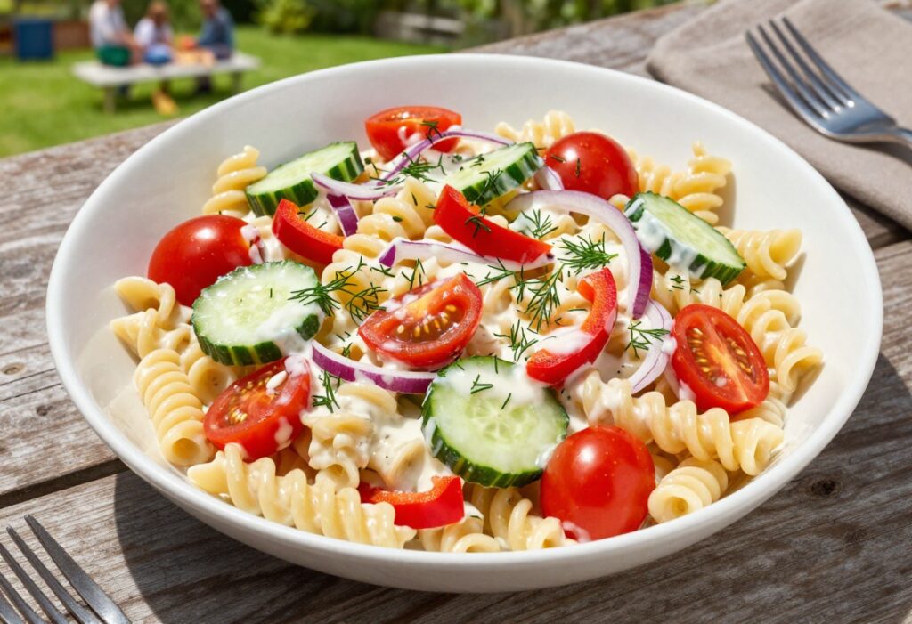 Creamy ranch pasta salad with colorful vegetables in a white bowl