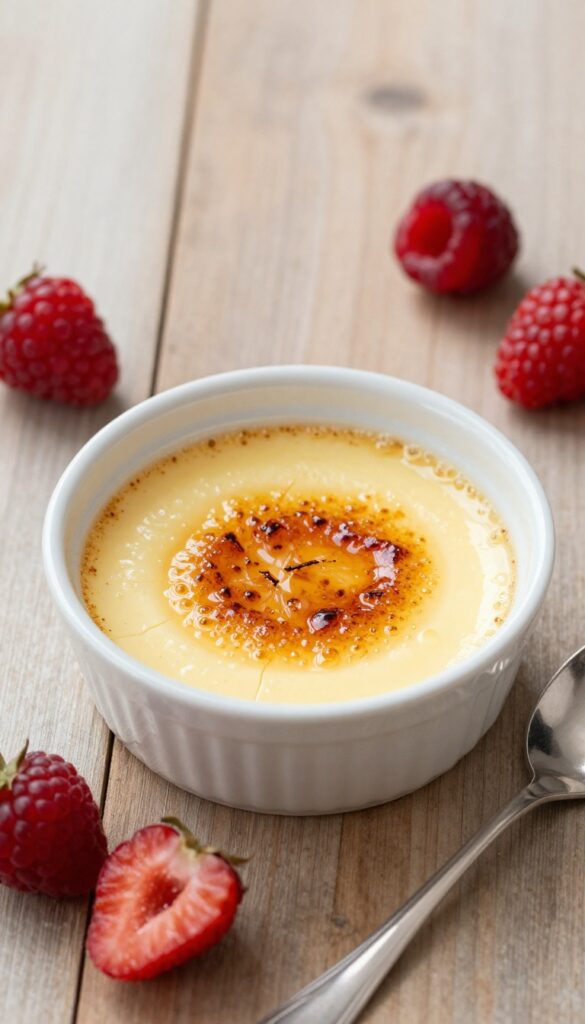 A close-up photograph of a classic crème brûlée with a caramelized sugar top, served in a ramekin on a wooden table, showcasing its silky custard and crisp texture in bright natural light.