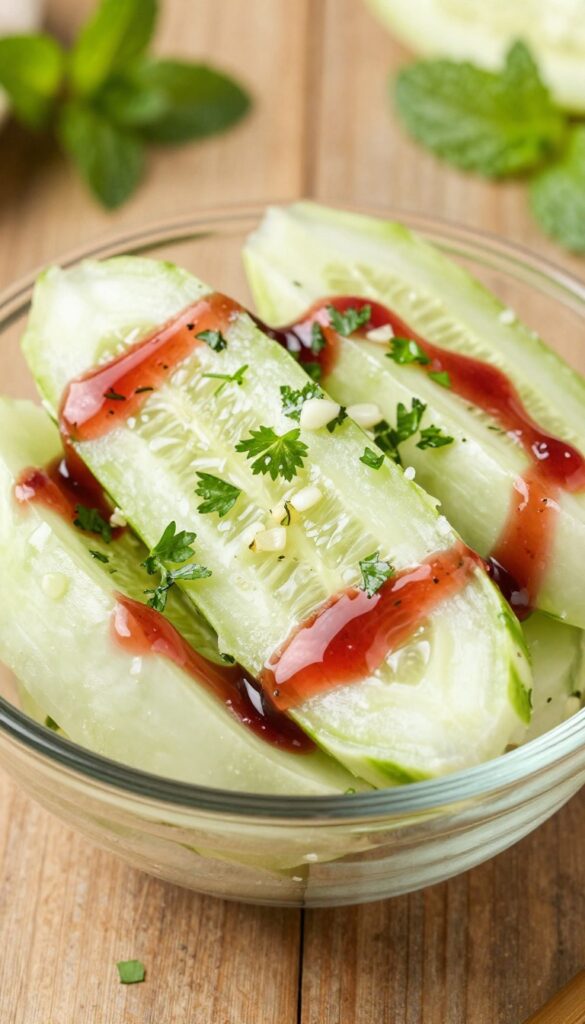 Cucumber salad with red onion, garlic, and fresh herbs in a glass bowl on a wooden table.