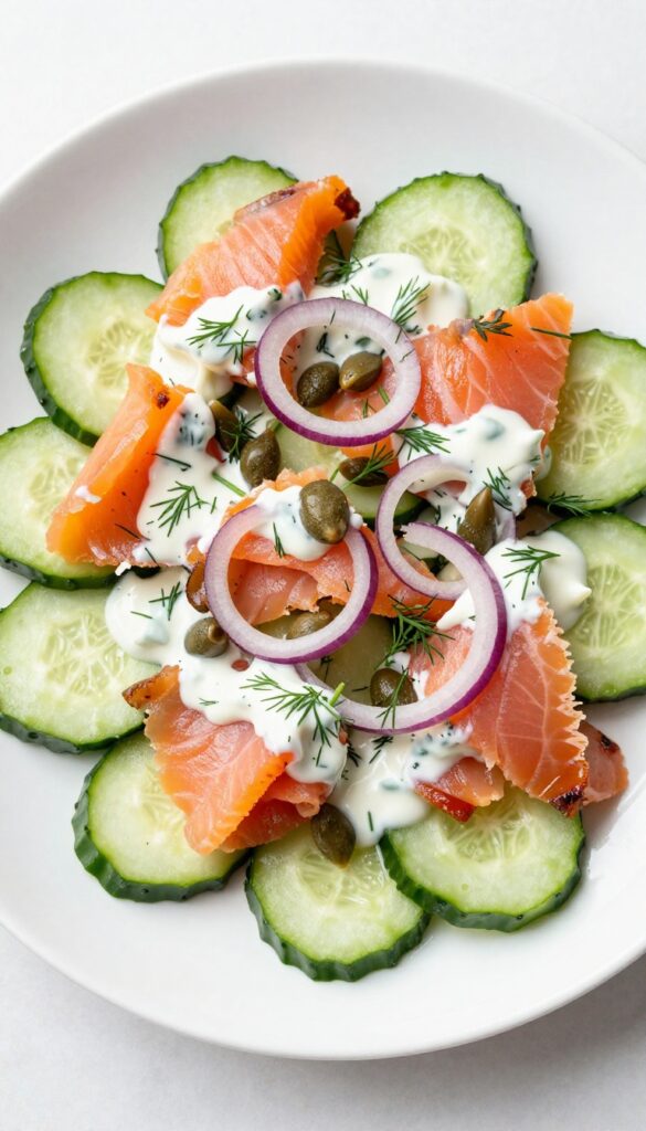 Smoked salmon and cucumber salad on a platter with dill yogurt dressing.