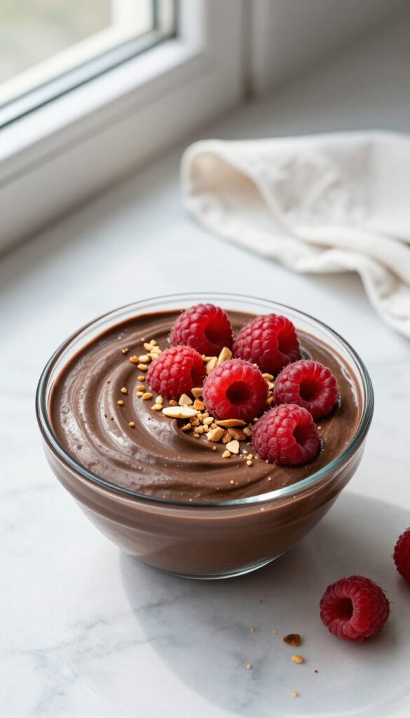 Chocolate avocado mousse in a glass bowl with raspberries and almonds on a marble countertop.