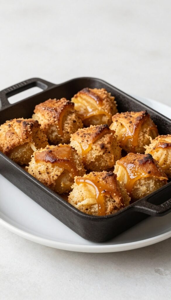 Caramelized apple cinnamon bites in a pan, showcasing a warm and simple dessert with natural lighting and clean composition.