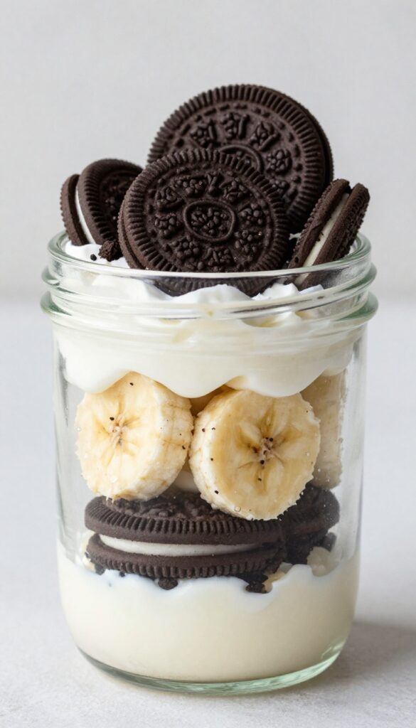 A close-up view of an Oreo banana cream parfait in a glass jar, showing layered crushed Oreo cookies, vanilla pudding, banana slices, and whipped cream, with natural lighting and a clean aesthetic.