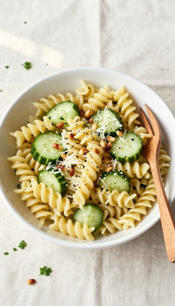 Garlic Parmesan cucumber pasta salad with toasted pine nuts in a white bowl
