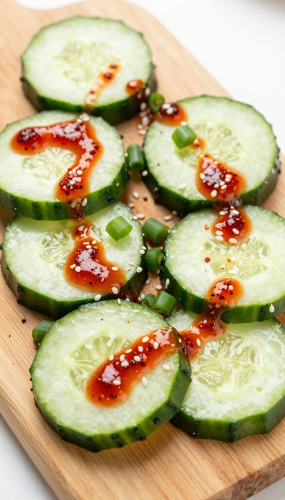 Cucumber rounds with sriracha, chili flakes, green onion, and sesame seeds on a wooden board.