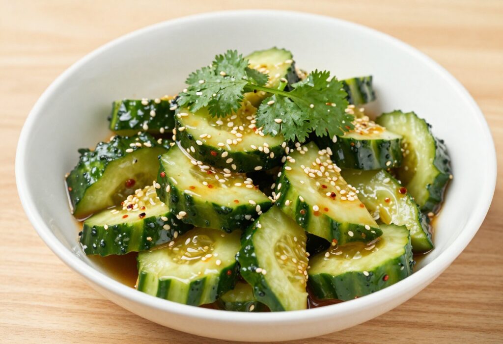 Asian spicy cucumber salad with sesame seeds in a white bowl