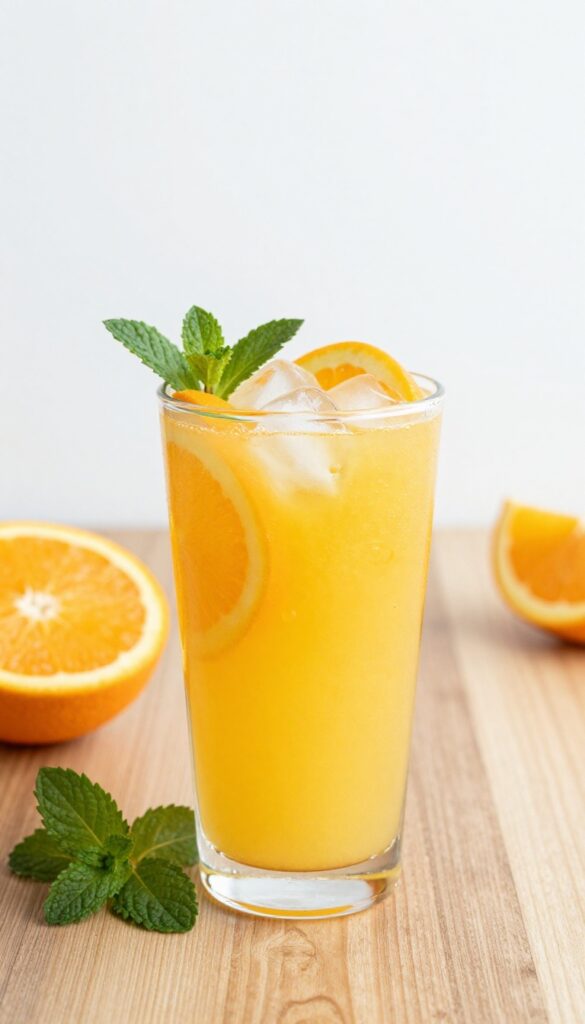 A photorealistic image of a Citrus Zing Cooler smoothie in a clear glass, featuring bright orange and yellow colors from oranges and lemon, with ice cubes and mint garnish, set on a wooden table in natural light, representing a refreshing dairy-free smoothie for family-friendly fun.