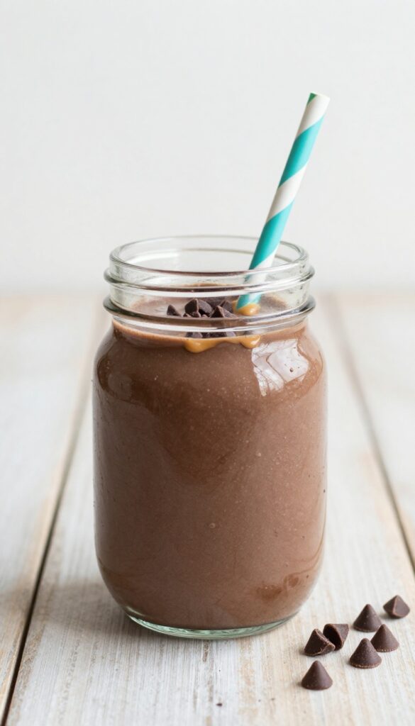 A dairy-free chocolate-peanut butter smoothie in a mason jar, topped with peanut butter drizzle and chocolate chips, ready for a family-friendly treat.
