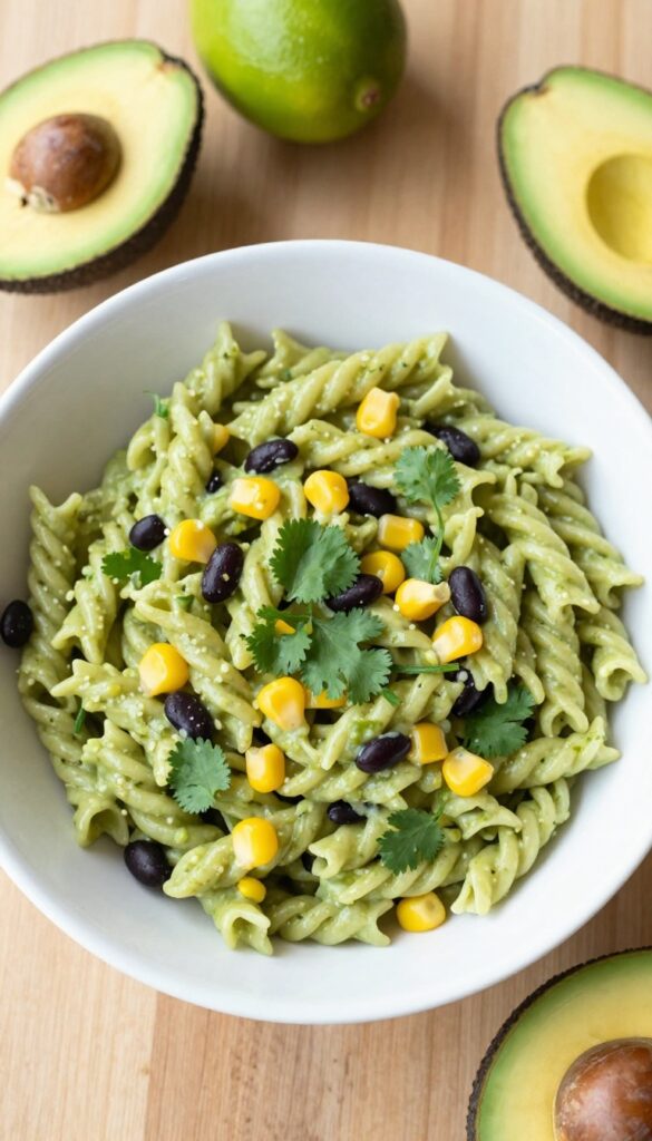 Creamy avocado lime pasta salad with black beans and corn in a white bowl on a wooden table