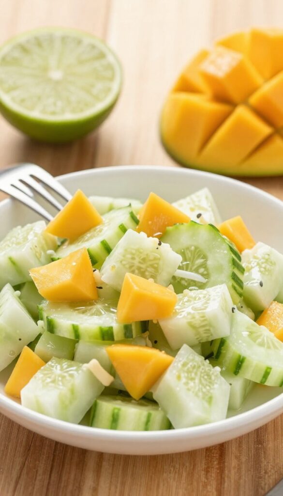 Close-up of mango cucumber salad with fork and lime wedge
