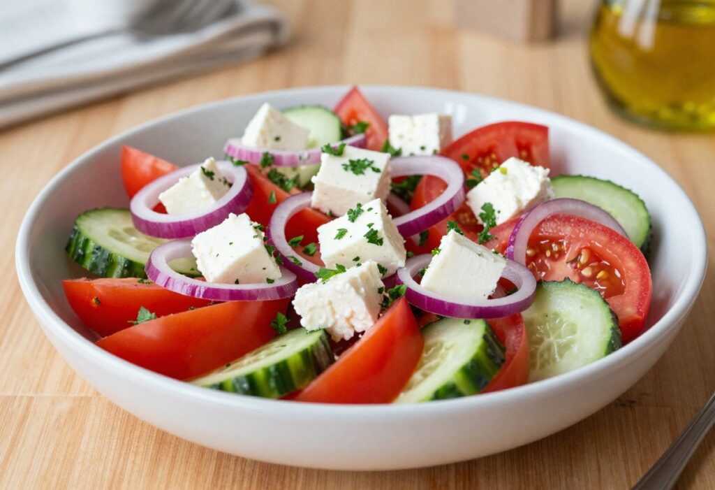 Mediterranean tomato and feta cucumber salad in a white bowl on a wooden table