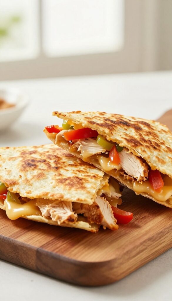 Golden brown chicken quesadilla wedges on a wooden board with melted cheese and chicken filling