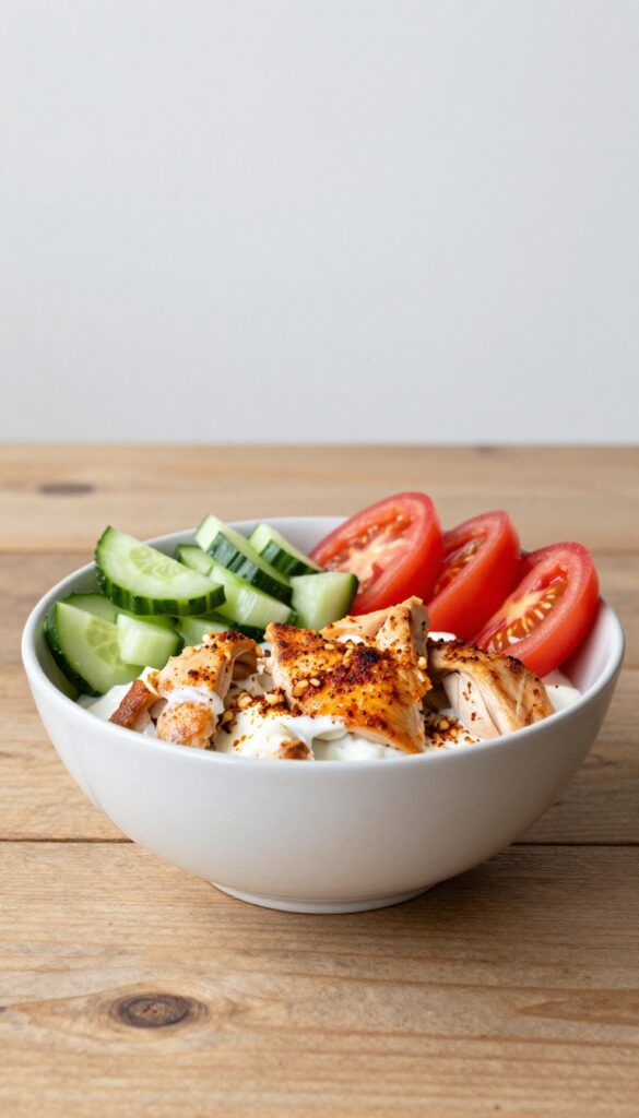 A high-protein Greek yogurt chicken bowl with golden chicken, fresh cucumbers, and tomatoes, arranged in a clean, bright setting for a Mediterranean recipe blog.