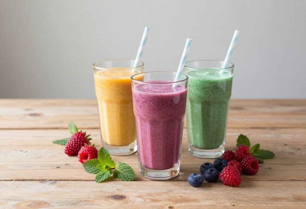 Assorted colorful protein powder smoothies in glasses with fruit garnishes on a wooden table