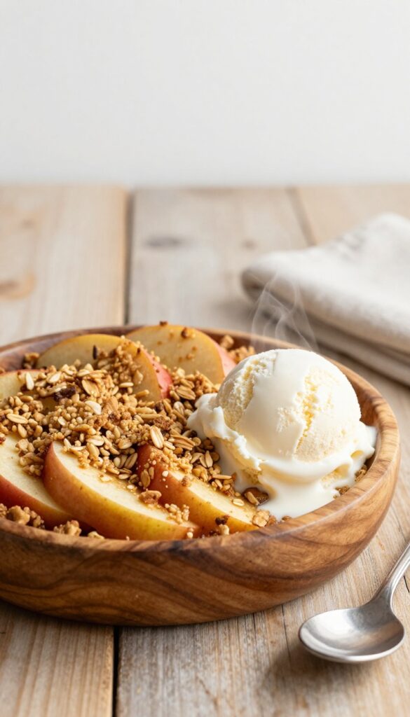 A warm apple cinnamon crumble with a crispy dairy-free topping, served with dairy-free vanilla ice cream, in a rustic setting.