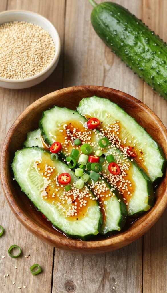 Spicy Asian-inspired cucumber salad with sesame seeds and chili peppers in a wooden bowl.