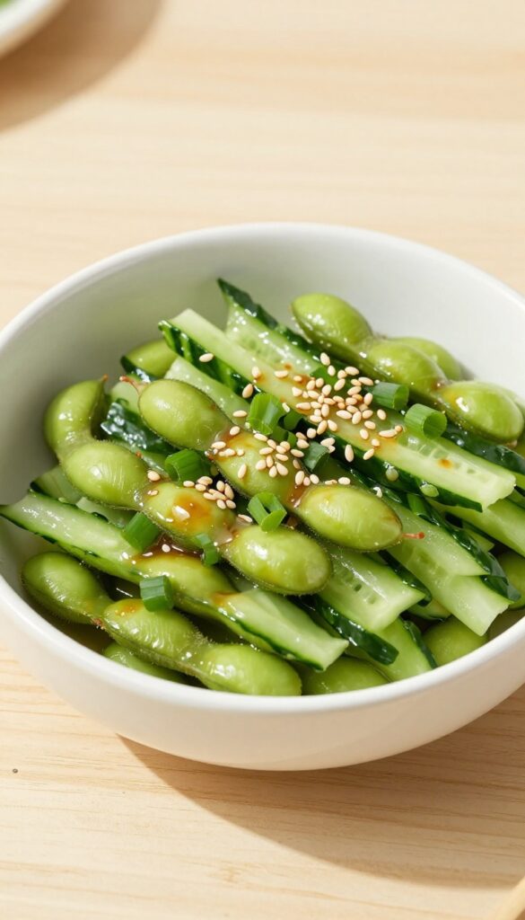 Edamame and cucumber salad with sesame ginger dressing in a white bowl on a wooden table