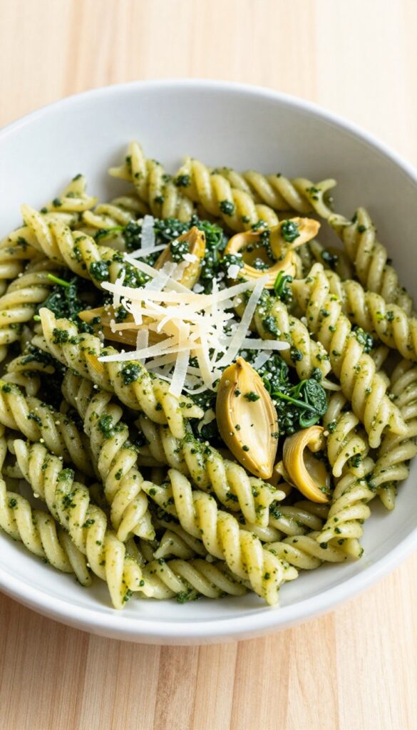 Chilled spinach pesto pasta salad with artichokes and shaved Parmesan in a white bowl on a wooden table