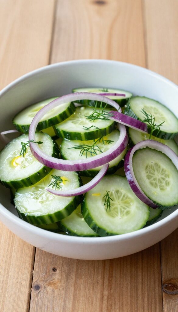 A vibrant cucumber salad with fresh dill and lemon dressing, served in a ceramic bowl on a wooden table, perfect for a quick and refreshing side dish.