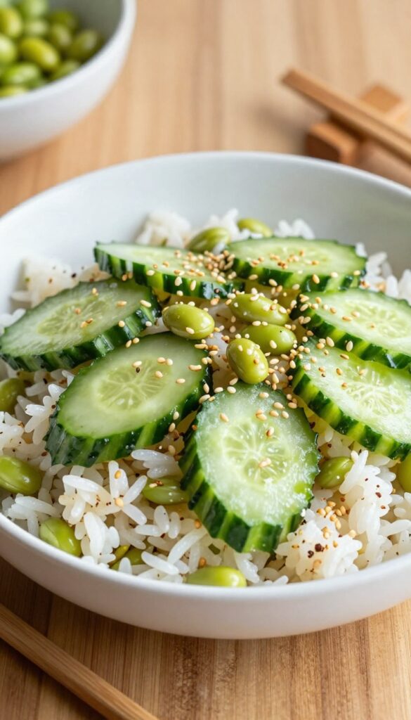 Angle view of marinated rice and sesame cucumber salad with chopsticks