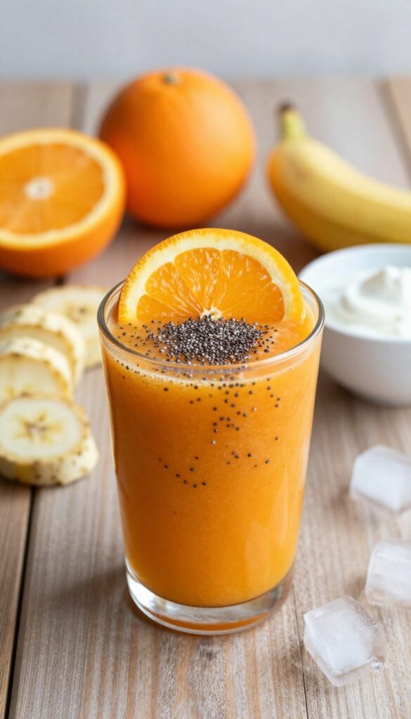 A bright and refreshing orange smoothie with chia seeds in a glass, garnished with an orange slice, surrounded by fresh ingredients like oranges, banana, Greek yogurt, and ice cubes on a wooden table.