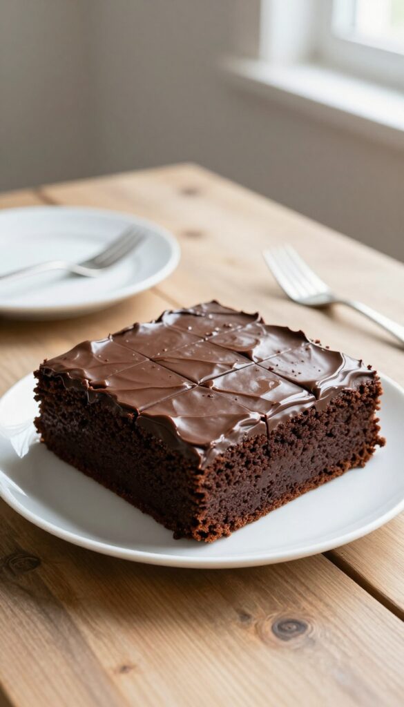 Classic chocolate sheet cake on a wooden table with glossy frosting, natural lighting, photorealistic, top-down view