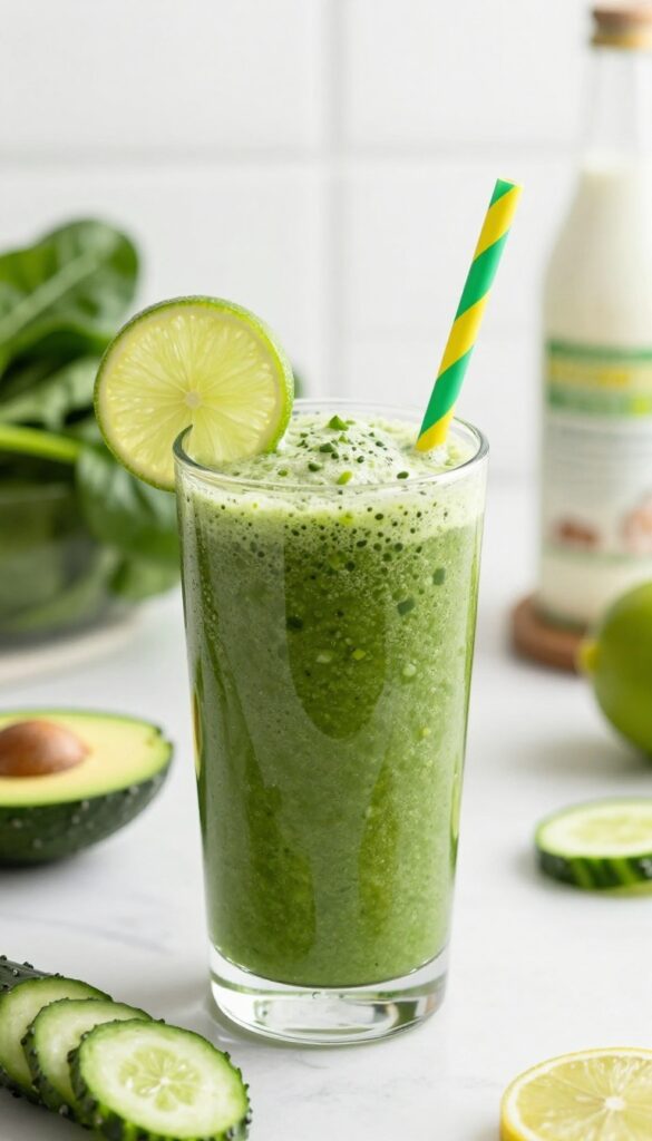 A tall glass of green smoothie with spinach and cucumber specks, topped with a lime slice and colorful straw, surrounded by fresh ingredients like cucumber, avocado, and coconut water on a sunlit kitchen counter.