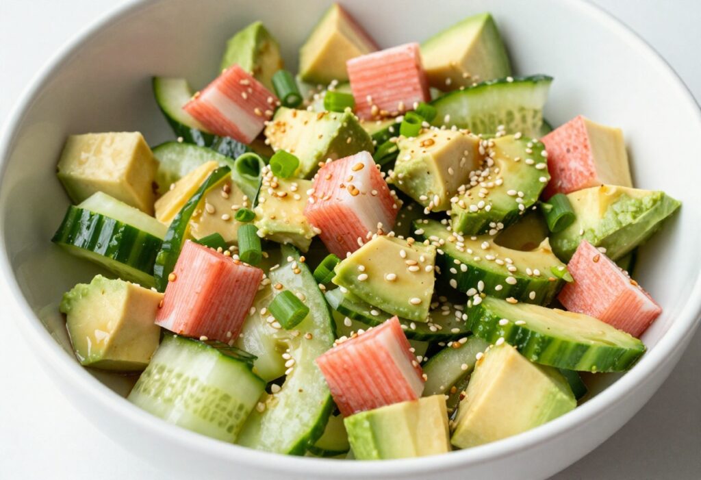 A fresh California Roll Cucumber Salad with avocado and sesame seeds in a white bowl