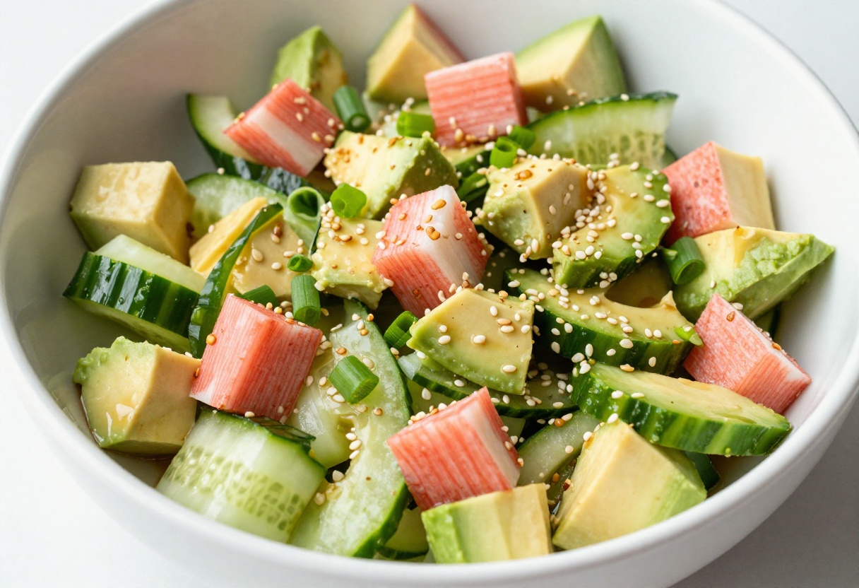 A fresh California Roll Cucumber Salad with avocado and sesame seeds in a white bowl
