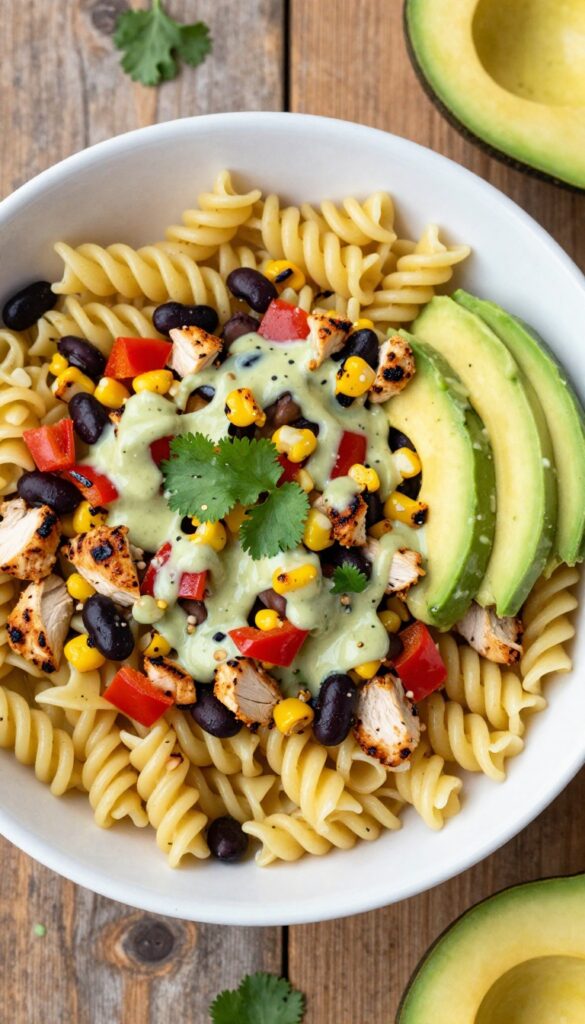 Southwest pasta salad with grilled chicken, charred corn, black beans, and avocado lime dressing