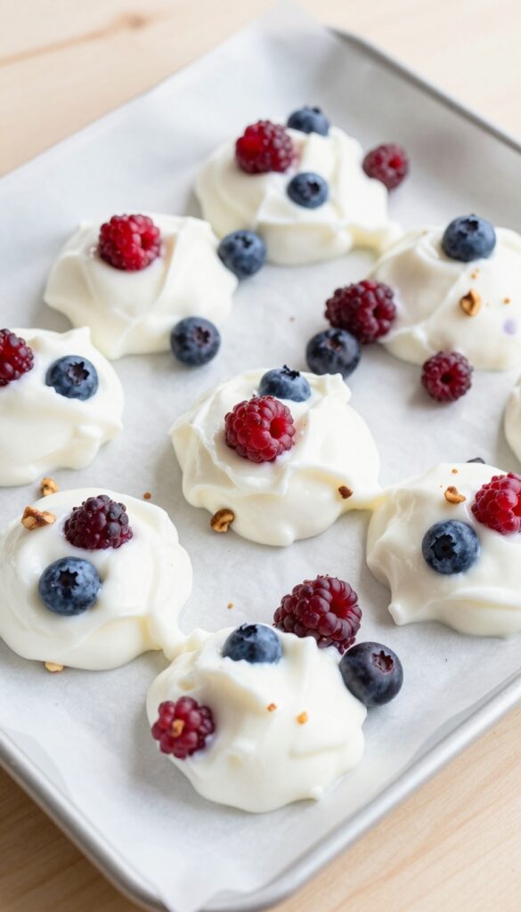 Frozen yogurt berry clusters on a parchment-lined tray, with berries and nuts visible, in natural light.