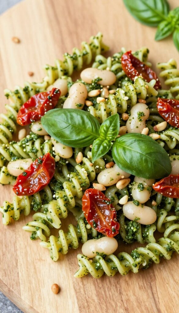Pesto and white bean pasta salad in a bowl with basil garnish and pine nuts