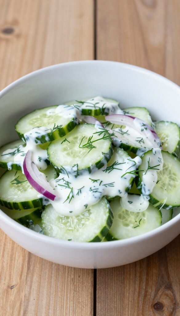 A close-up photo of creamy cucumber salad with dill and red onion in a white bowl on a wooden table, showcasing fresh ingredients in natural light.