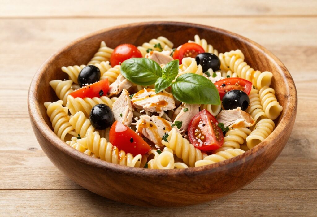 Cold chicken pasta salad with Italian dressing in a wooden bowl