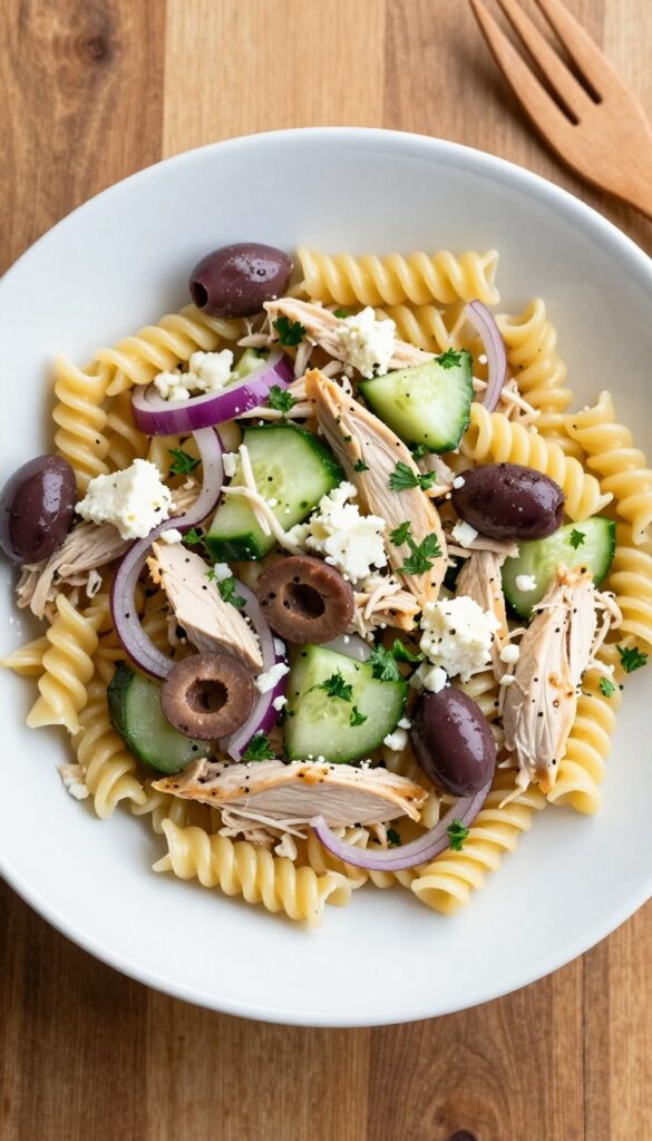 Mediterranean chicken pasta salad with cucumber, red onion, feta cheese, and Kalamata olives in a white bowl on a wooden table