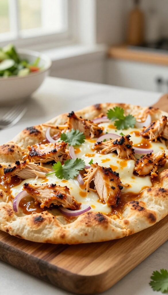 BBQ chicken flatbread with melted cheese, red onion, and cilantro on a wooden board