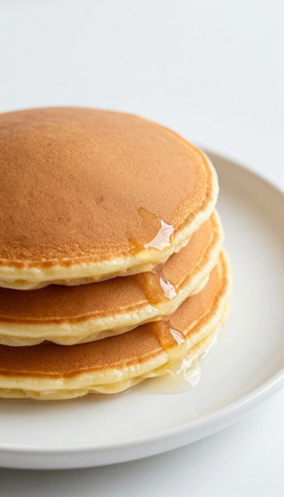 Fluffy coconut milk pancakes on a white plate, golden brown and moist, with a soft texture, in bright natural light, representing a rich and creamy dessert recipe for a blog listicle.