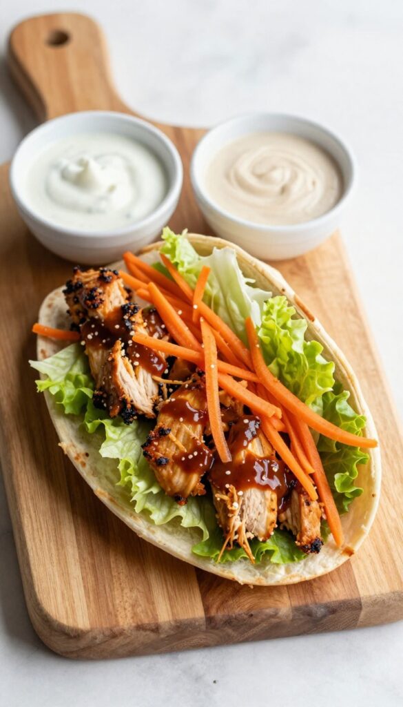 Buffalo chicken wrap cut in half on a wooden board with ranch dip.