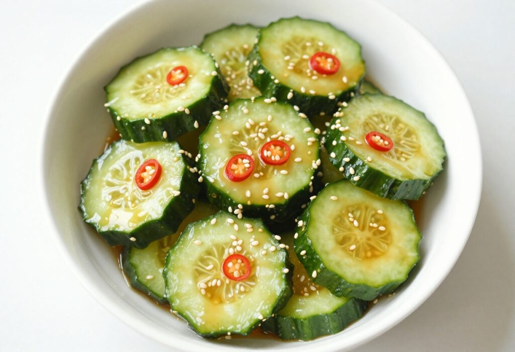 Crisp sesame soy cucumber salad in a white bowl with sesame seeds and chili