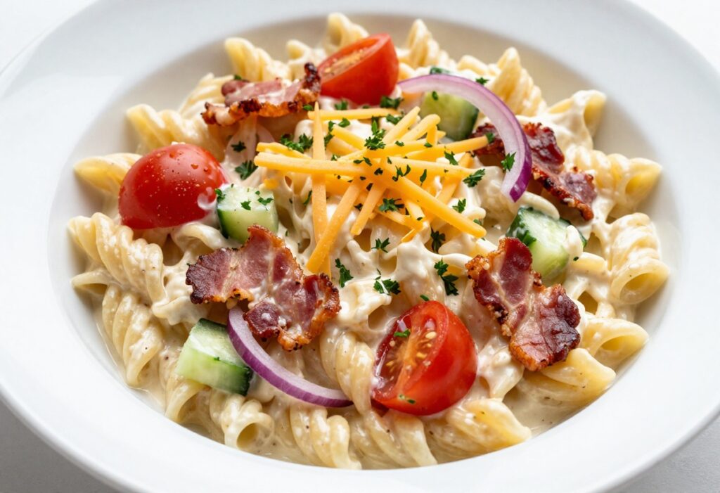 Bacon Ranch Pasta Salad in a white bowl with cherry tomatoes, cucumber, and bacon crumbles.