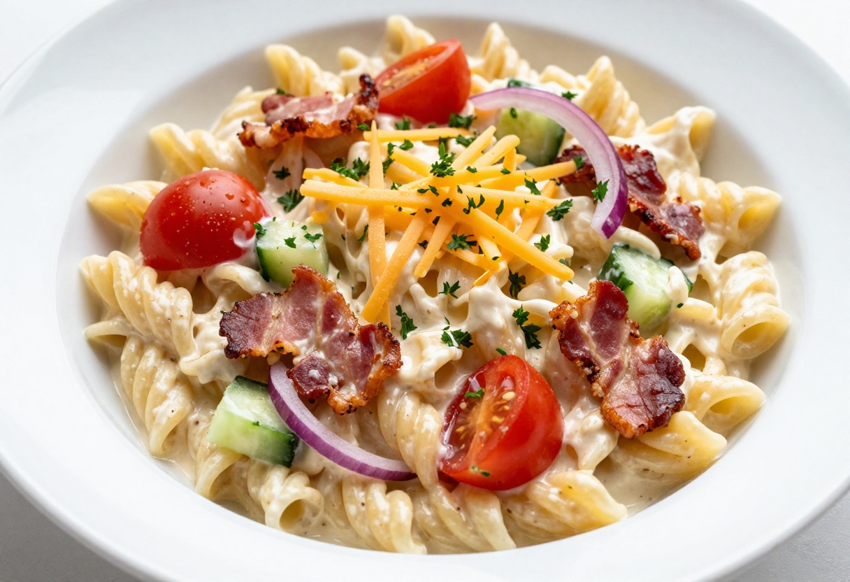 Bacon Ranch Pasta Salad in a white bowl with cherry tomatoes, cucumber, and bacon crumbles.