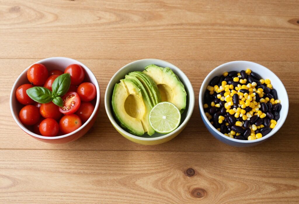 Overhead view of multiple bowls of chicken pasta salads with varied ingredients on a wooden table.